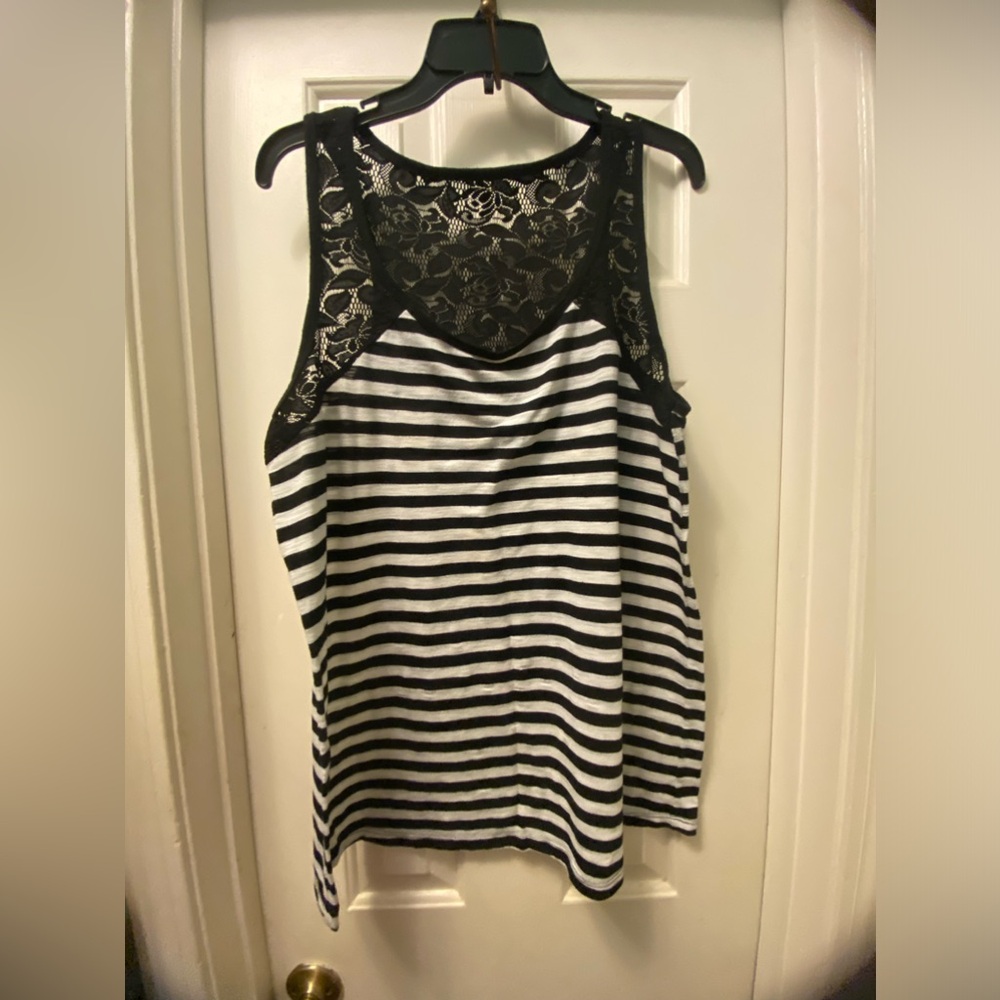 Torrid Black and White Striped Lace Tank Top